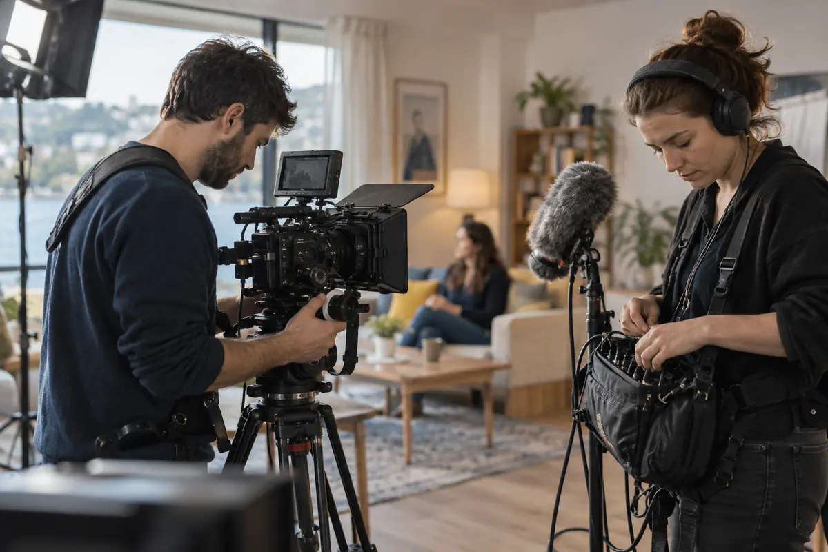 Une équipe prépare le matériel pour un tournage