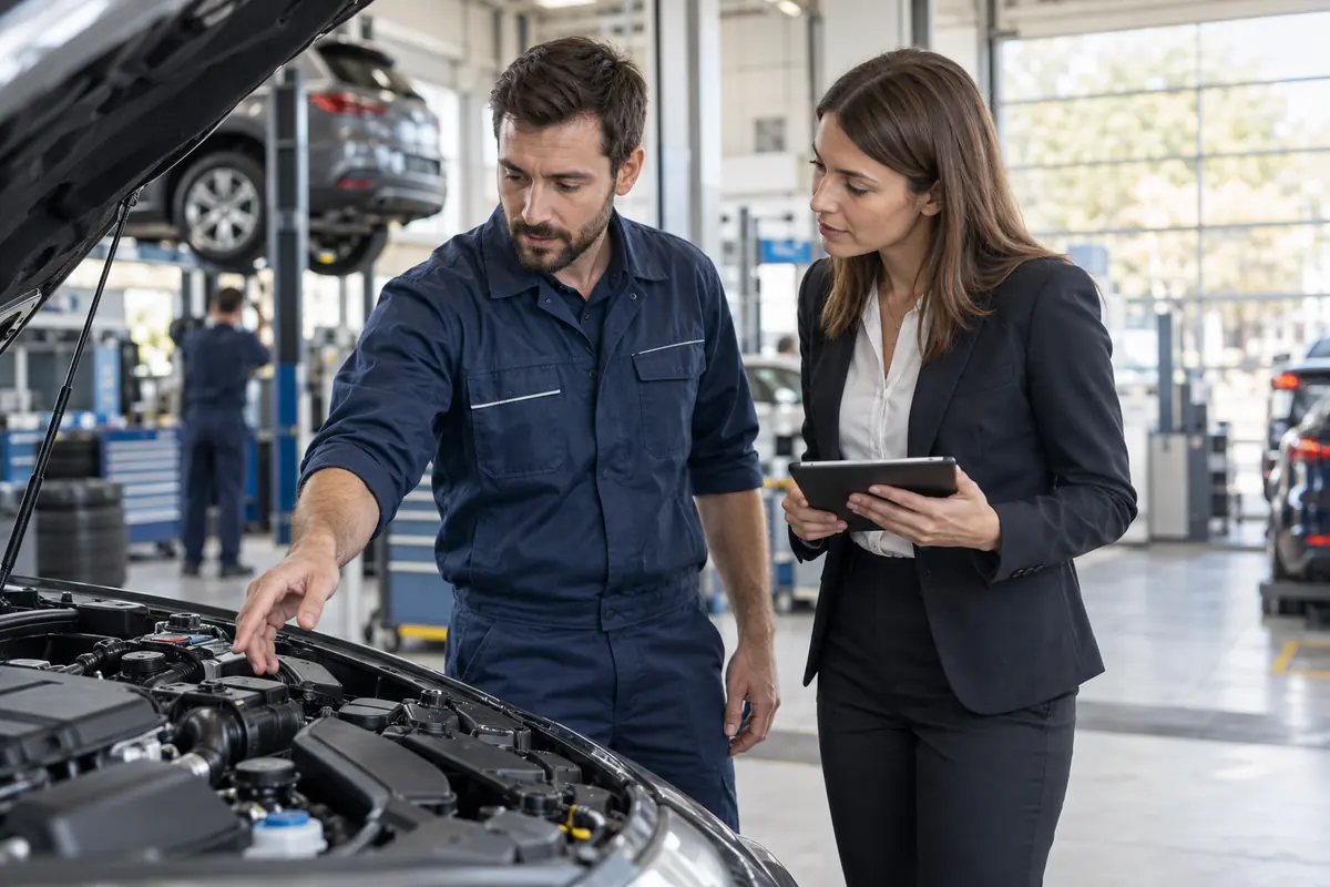 Deux professionnels échangent dans un atelier automobile