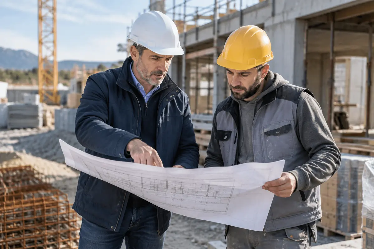 Deux professionnels examinent un plan sur un chantier