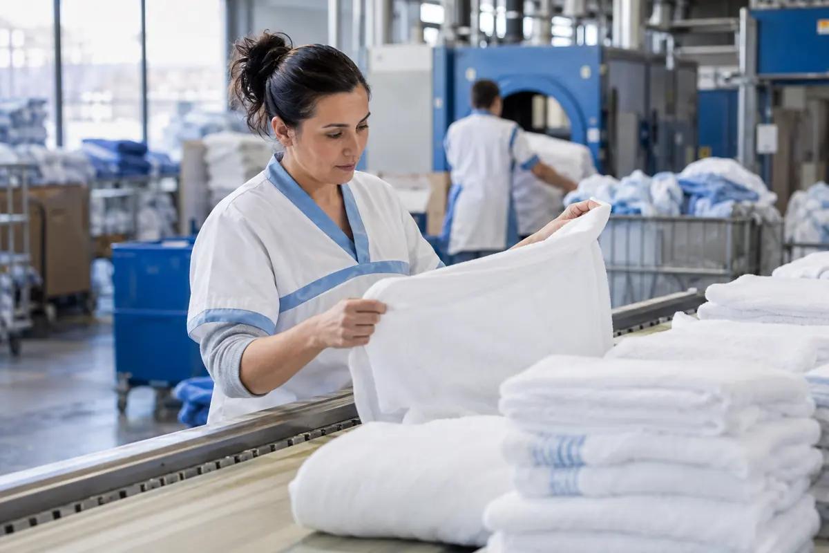 Une professionnelle contrôle une ligne de blanchisserie industrielle