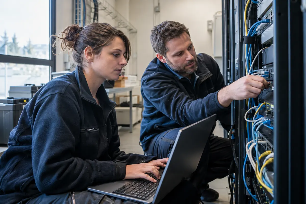 Deux techniciens vérifient une installation réseau