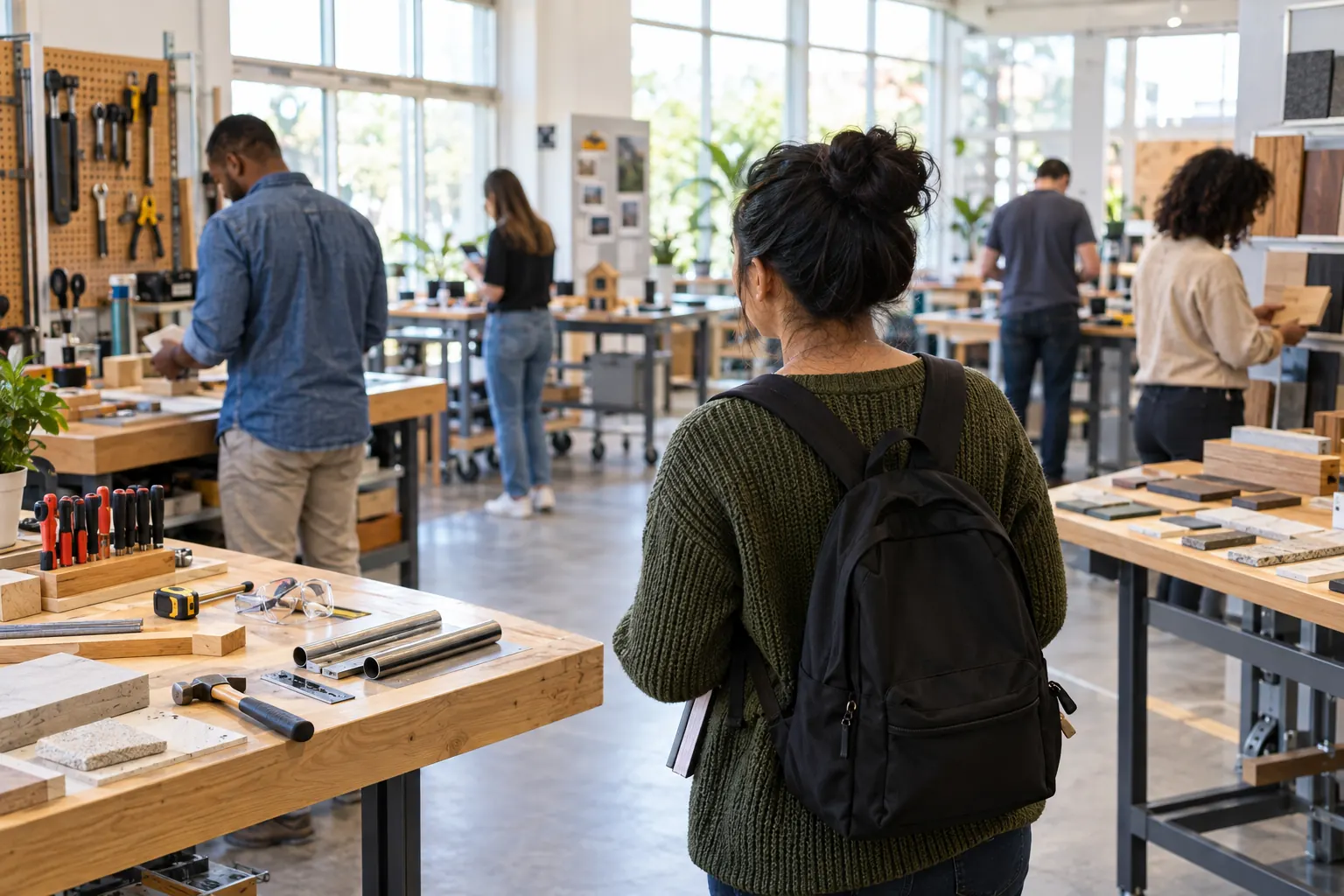 Professionnels de métiers différents échangeant autour d’un atelier