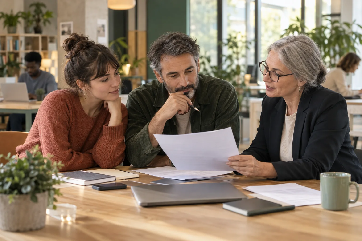 Trois adultes échangent autour d’un projet professionnel et de documents de candidature