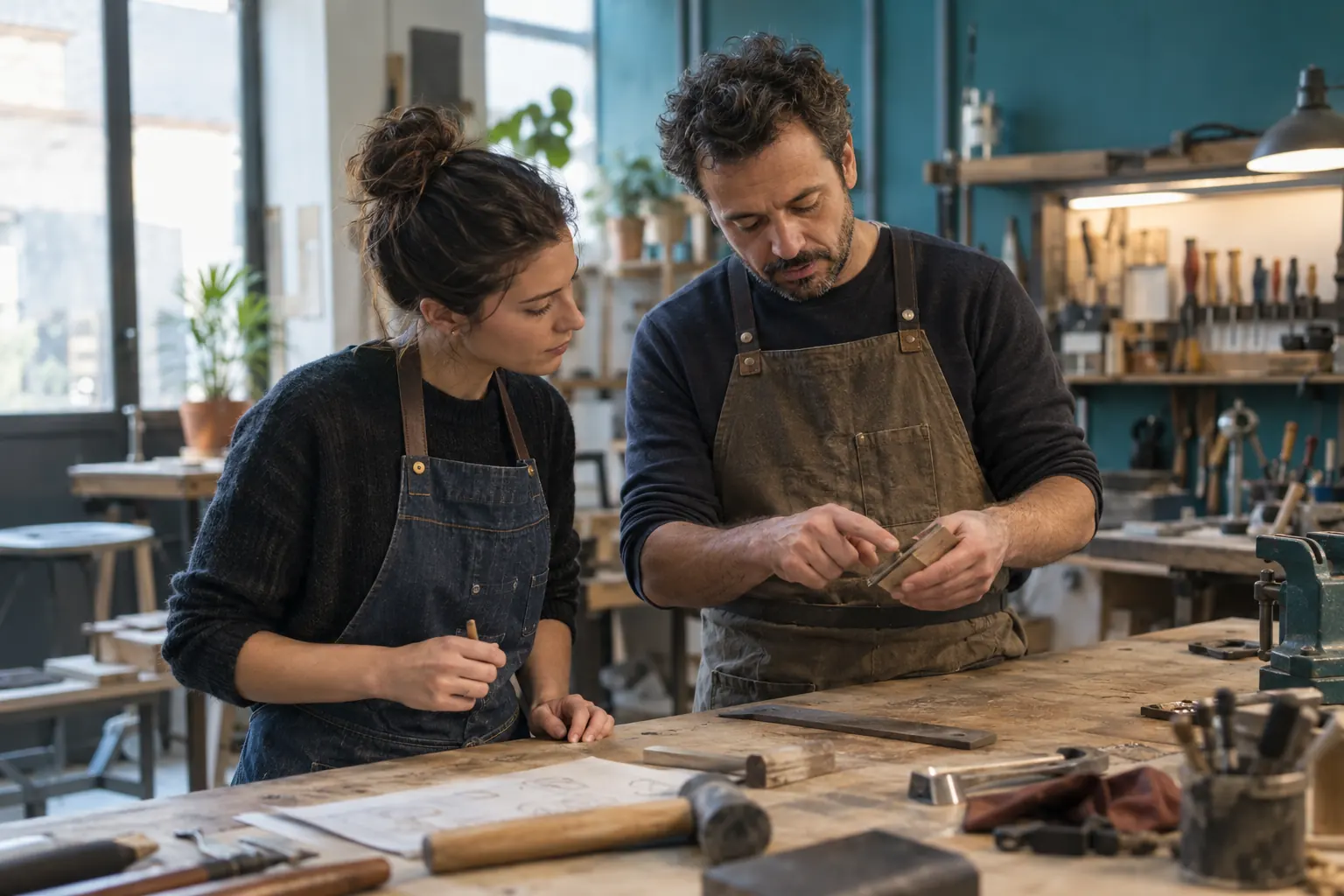 Une apprentie observe un geste professionnel dans un atelier