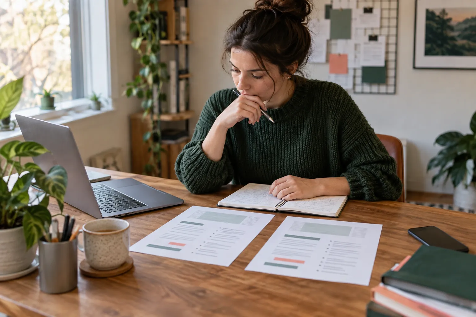 Une candidate compare méthodiquement deux offres d’emploi