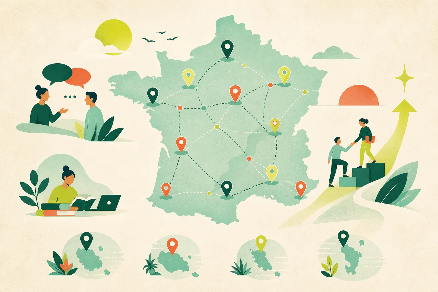 Illustration d’une carte de France reliant des lieux d’emploi, de formation et d’orientation