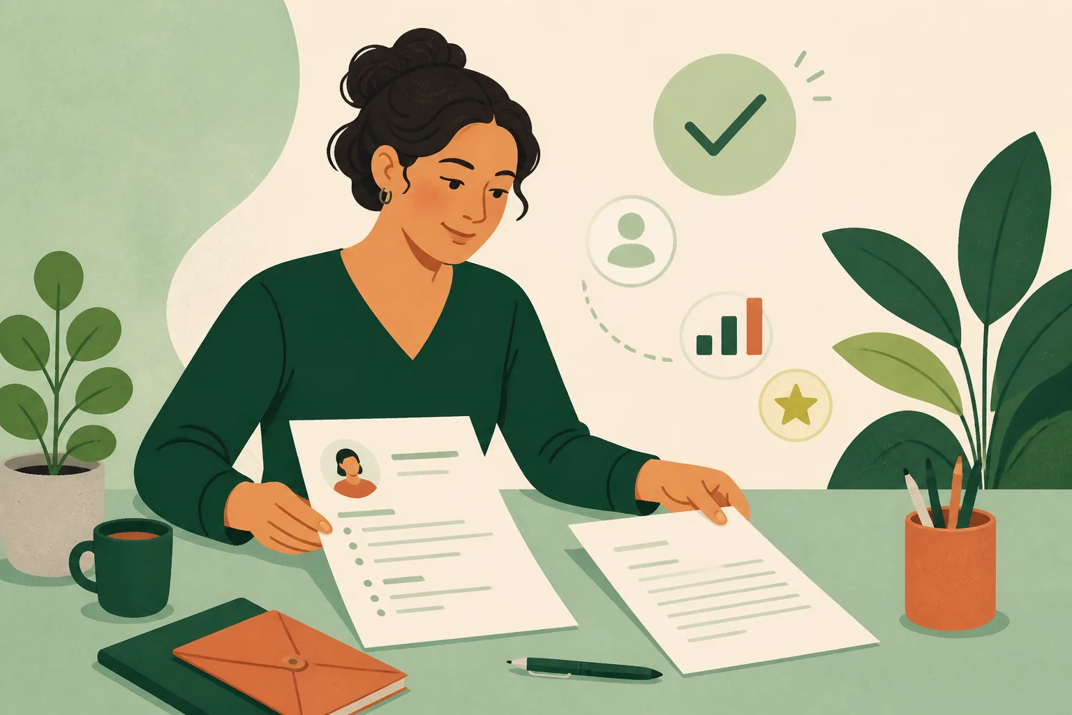 Illustration d’une candidate préparant son CV et sa lettre