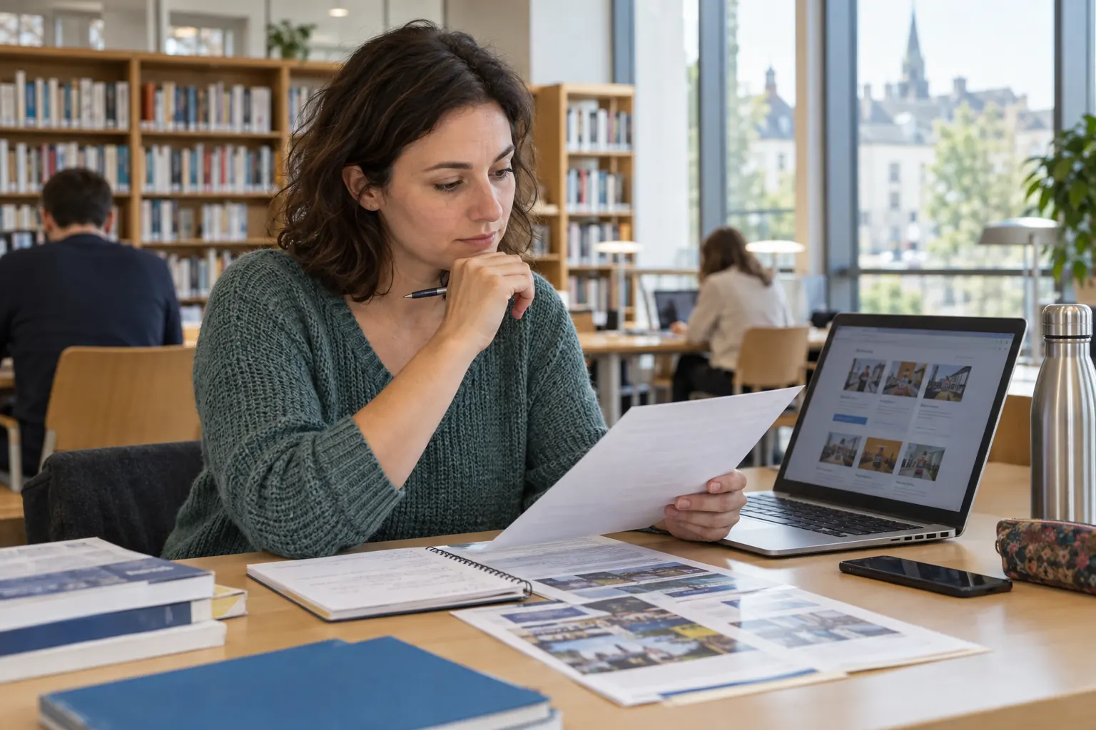 Une adulte compare des formations professionnelles dans une bibliothèque