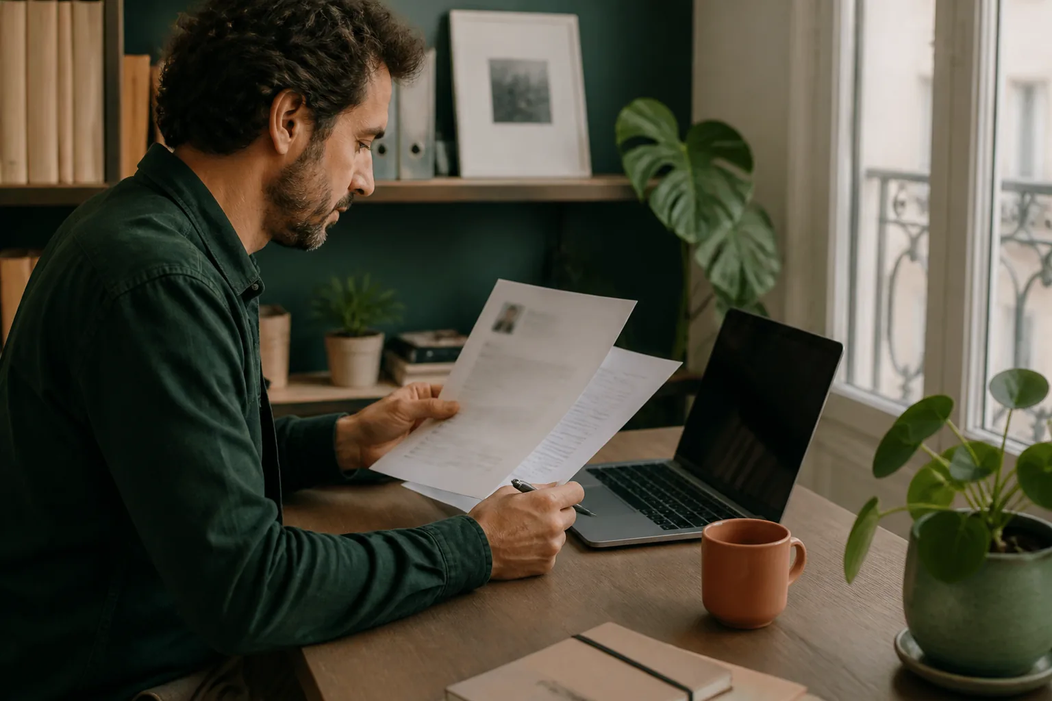 Une personne relit son CV et sa lettre de motivation avant une candidature
