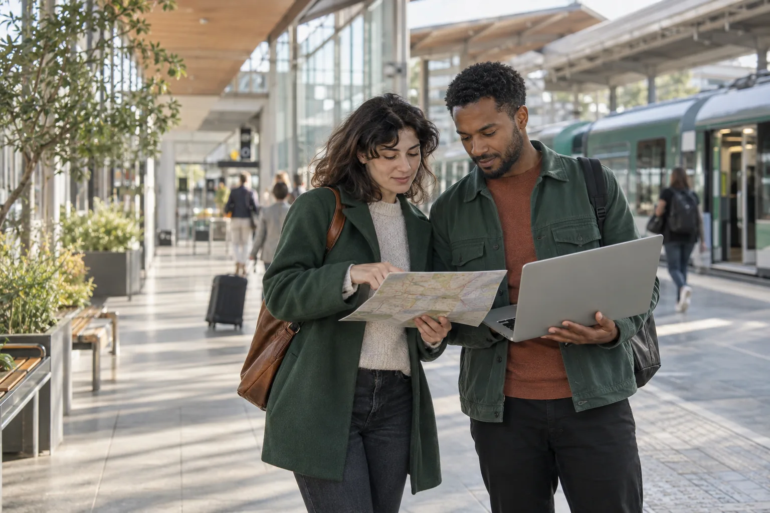Deux actifs comparent des possibilités d’emploi et de mobilité dans une gare régionale