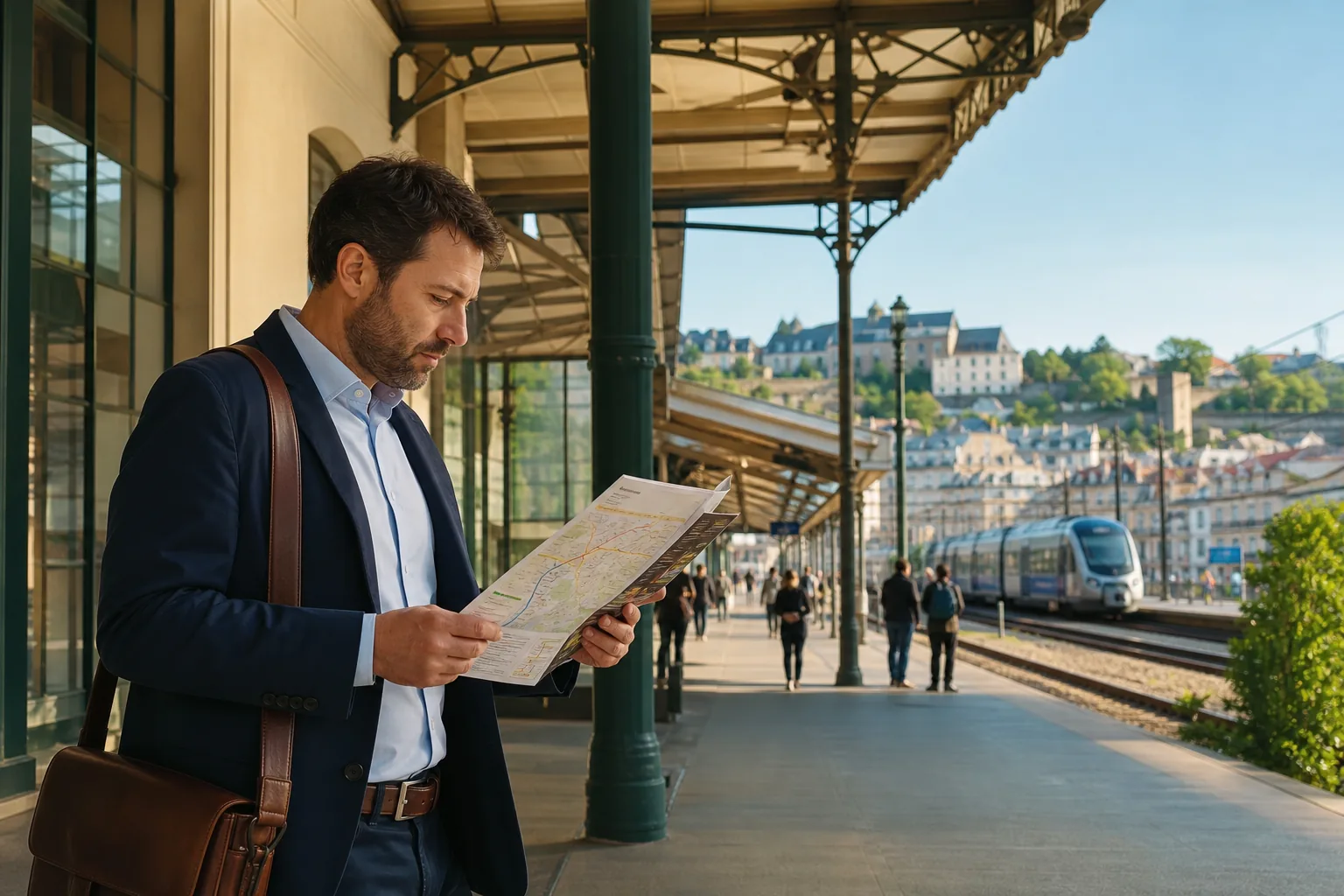 Un actif prépare un déplacement professionnel depuis une gare régionale