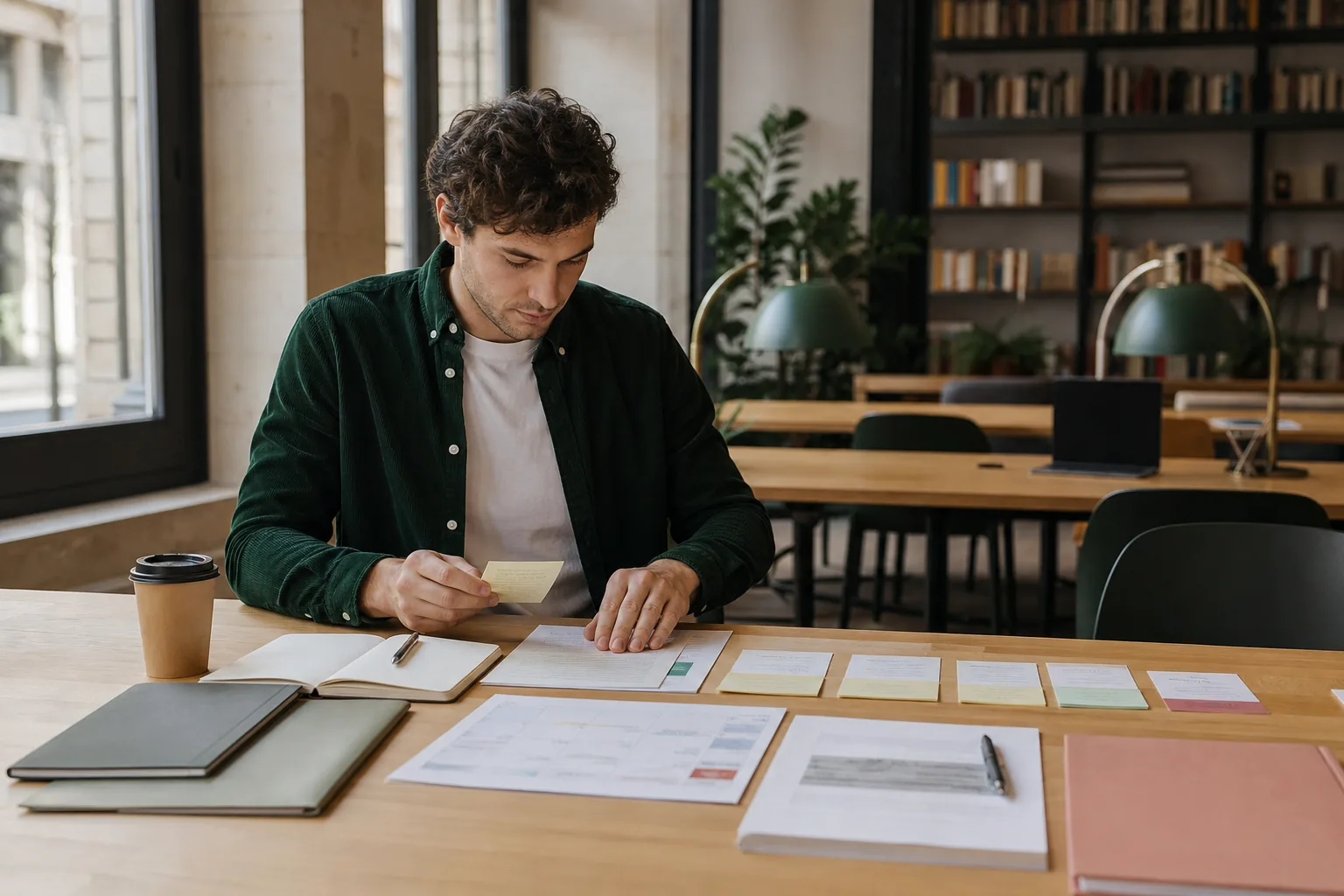 Une personne organise les étapes de sa recherche d’emploi sur une table