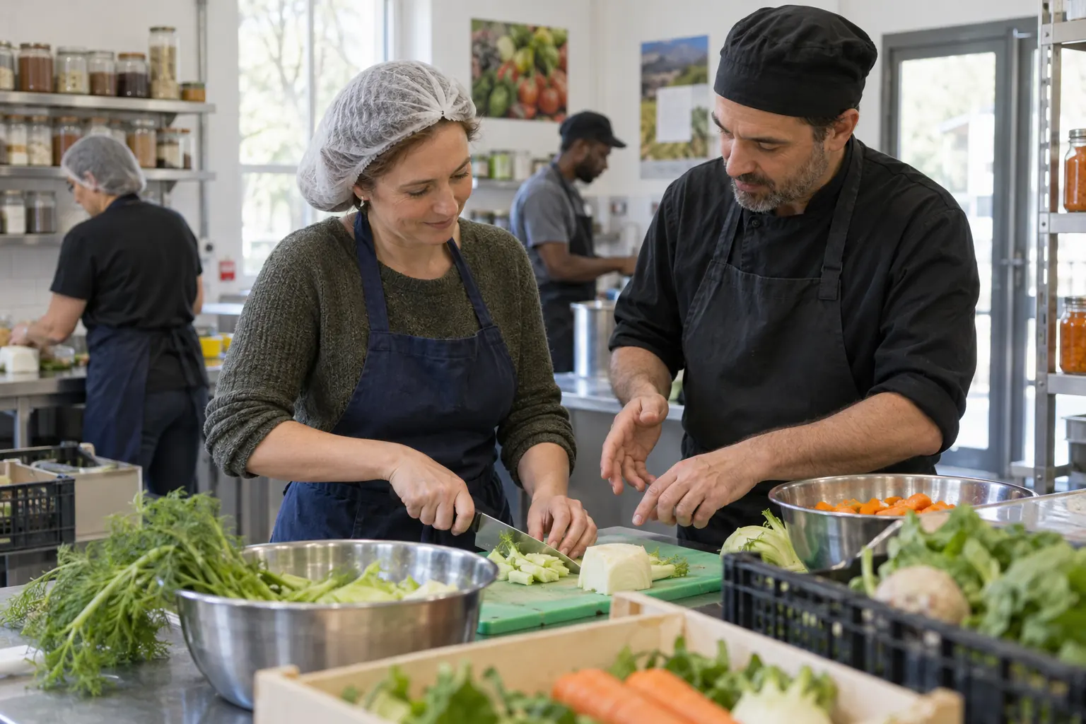 Une personne découvre le travail dans un atelier alimentaire