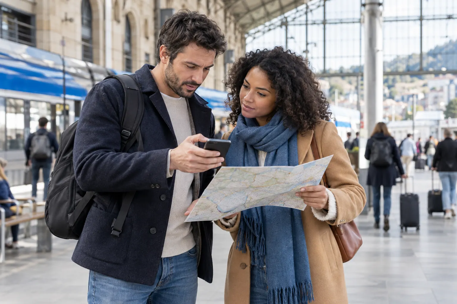 Deux adultes comparent des trajets dans une gare