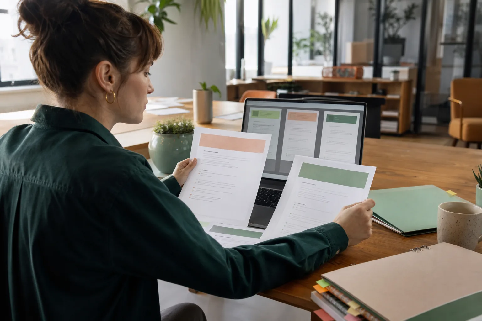 Une candidate compare plusieurs versions de ses documents de candidature
