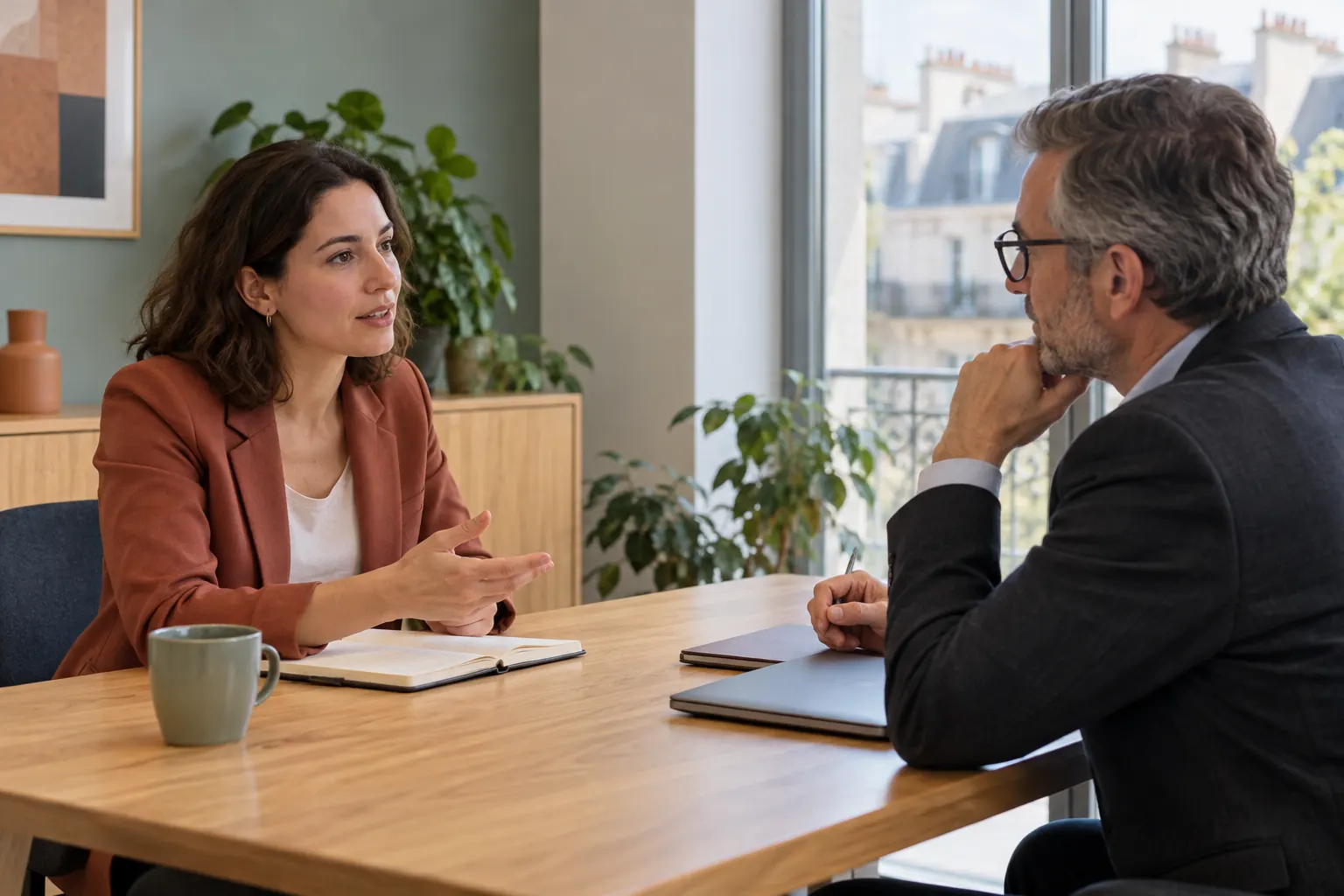 Une candidate échange calmement avec un recruteur au sujet de sa rémunération