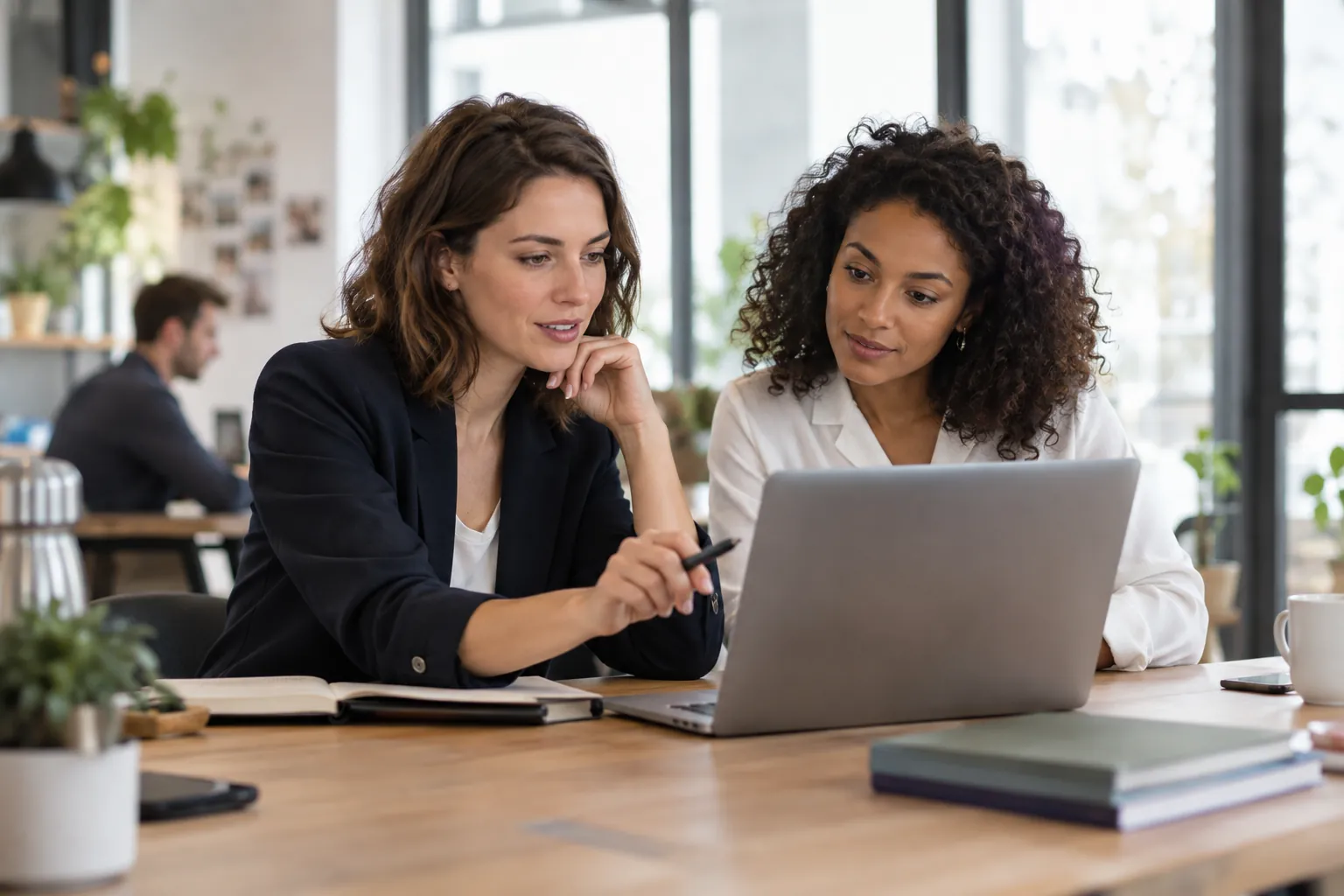 Deux professionnelles relisent un profil professionnel en ligne