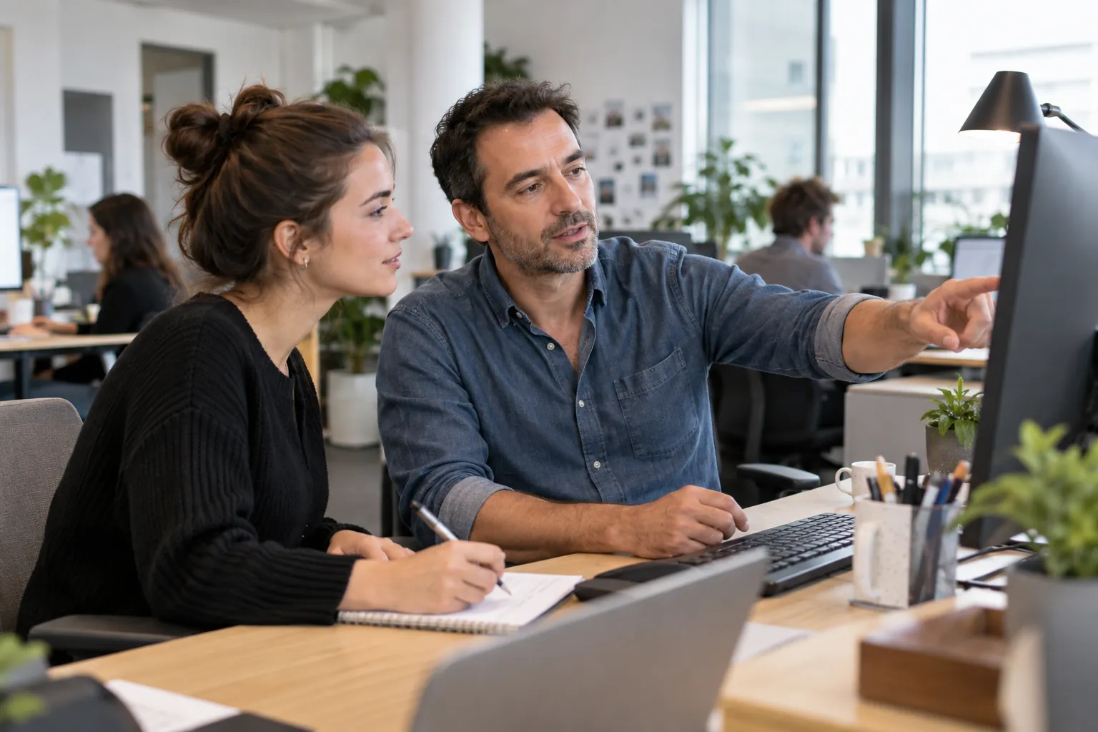 Une salariée découvre un processus avec un collègue pendant sa prise de poste
