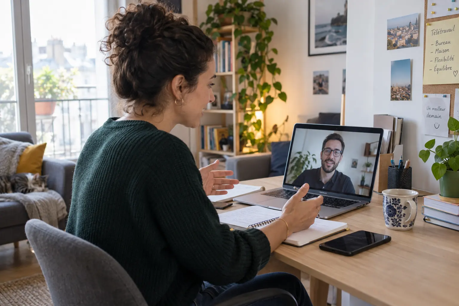 Une salariée échange à distance avec un collègue