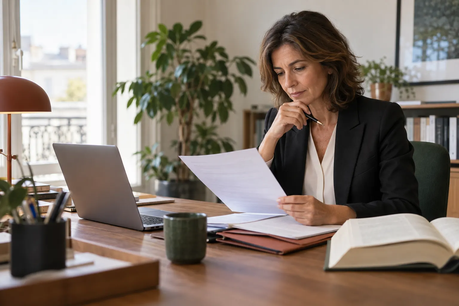 Une responsable éditoriale vérifie attentivement un document avant publication