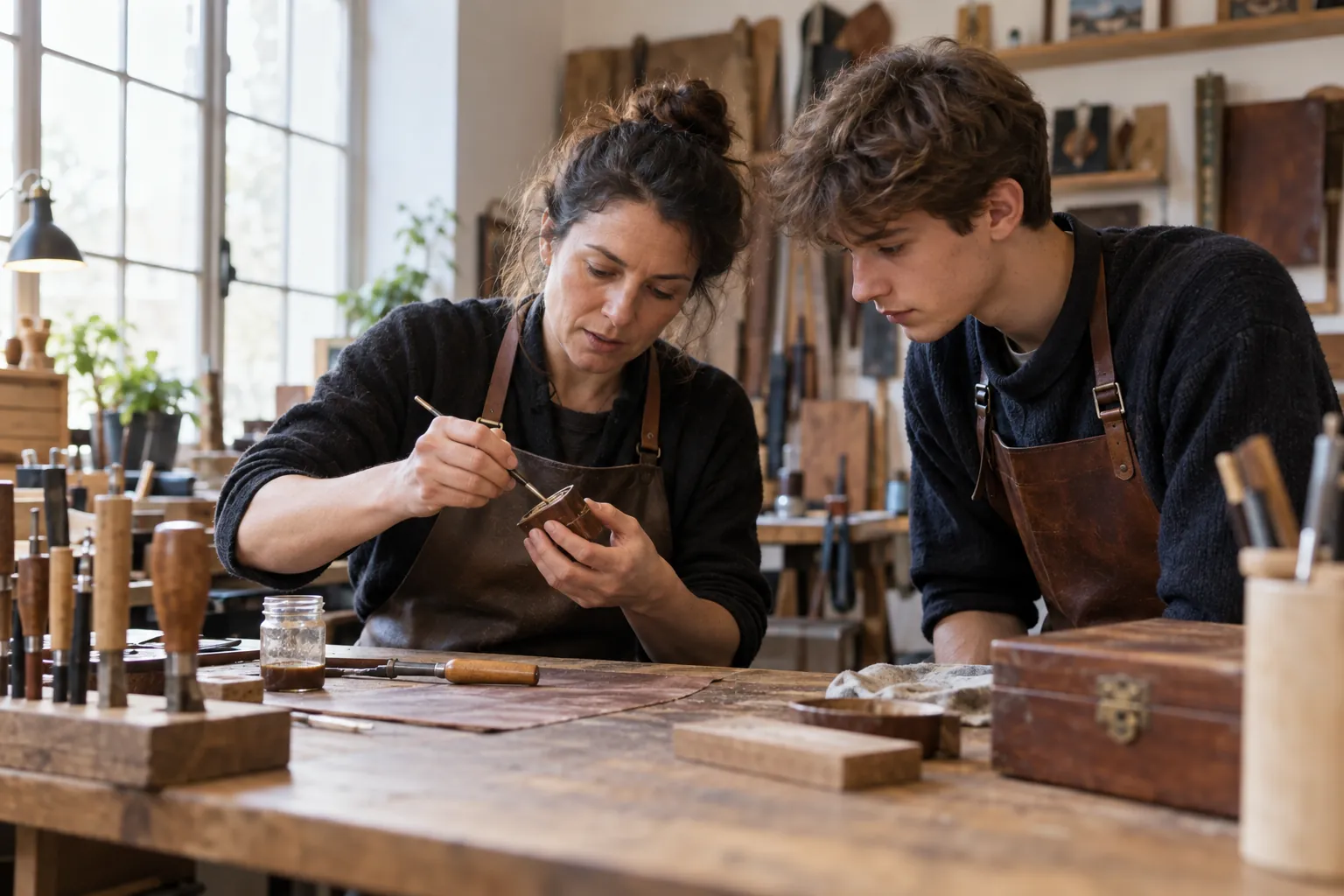Une artisane transmet un geste précis à un apprenti dans son atelier