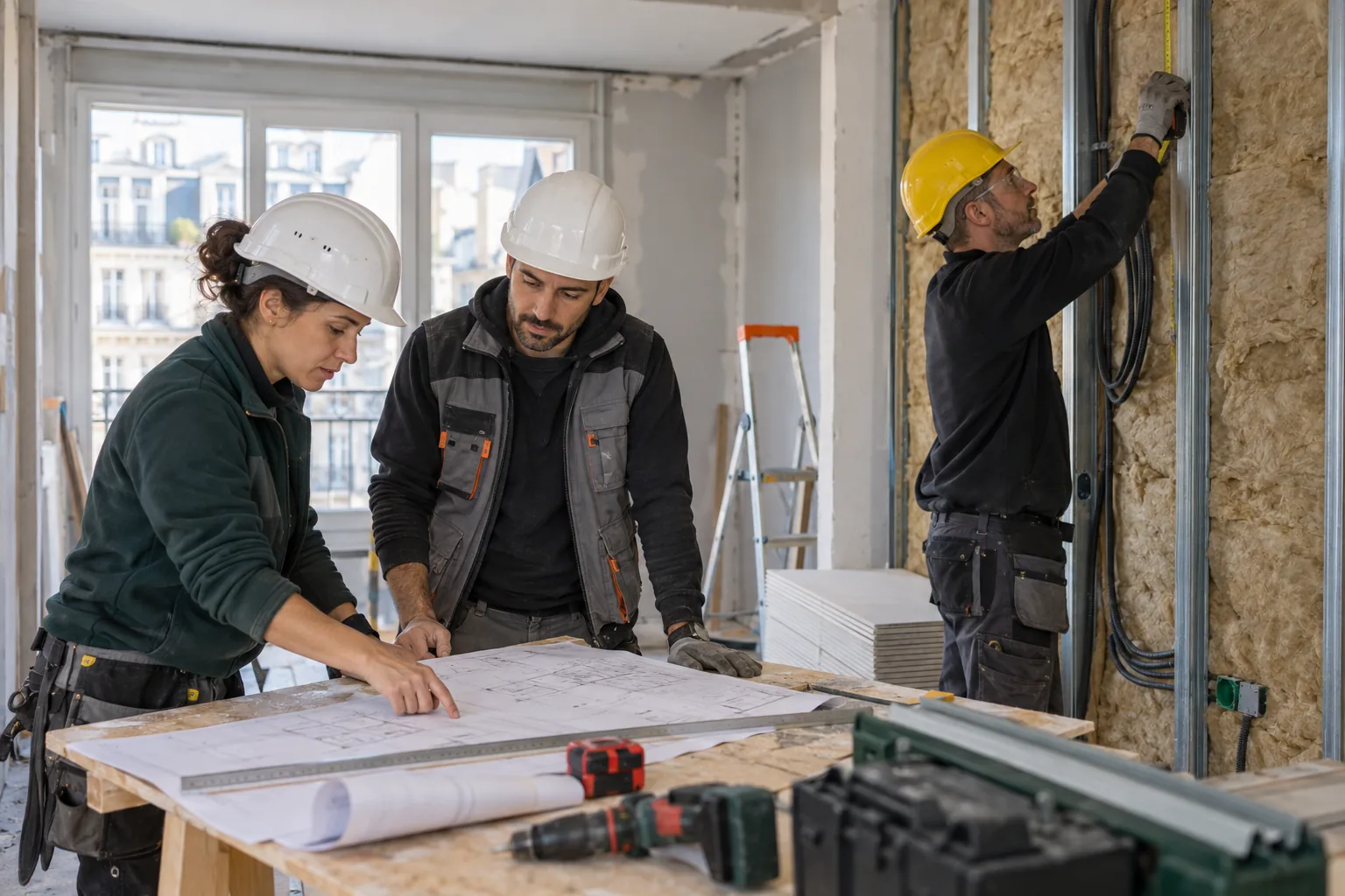 Professionnels préparant une rénovation énergétique sur un chantier