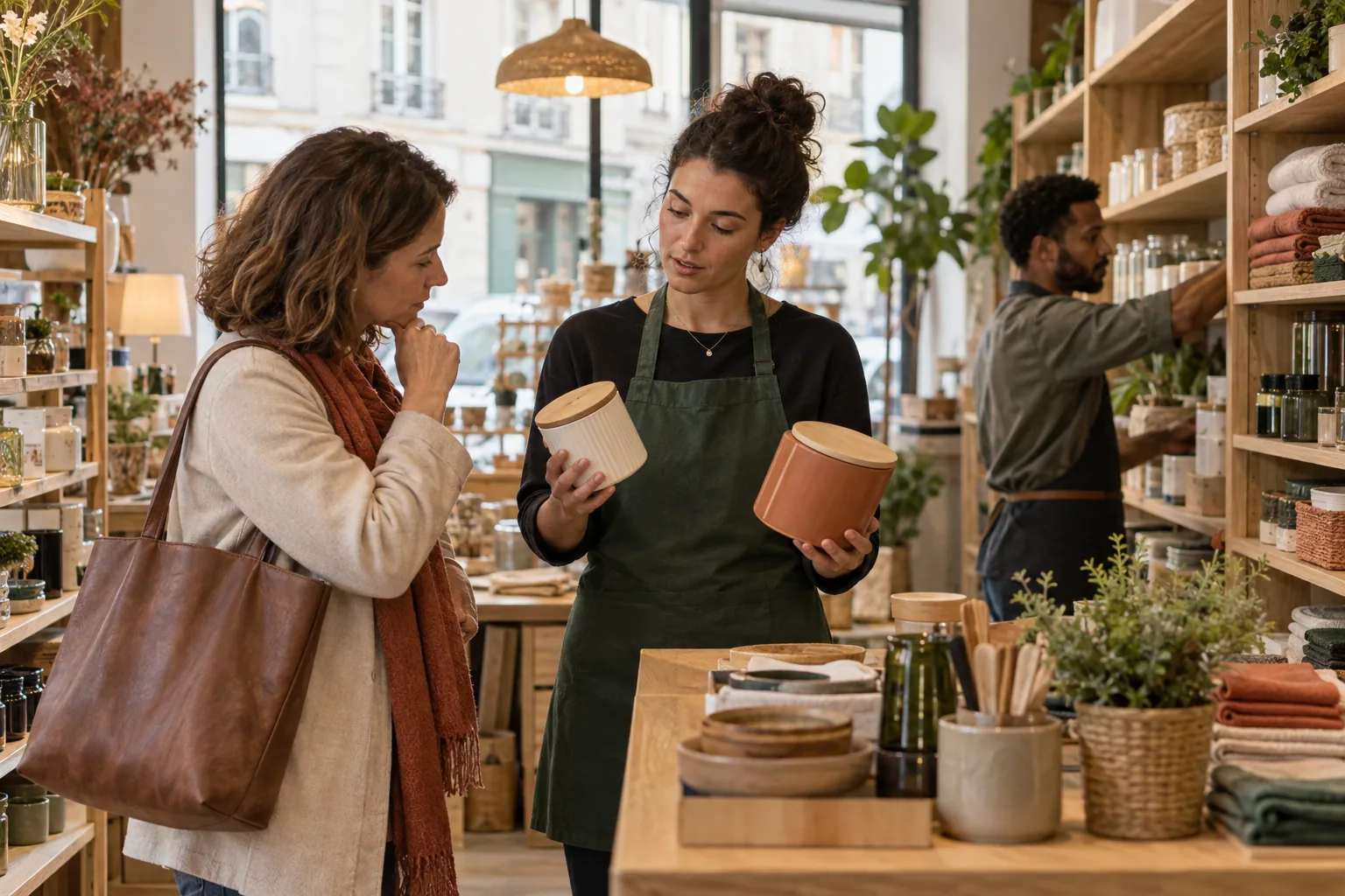 Conseillère accompagnant une cliente dans un commerce de proximité