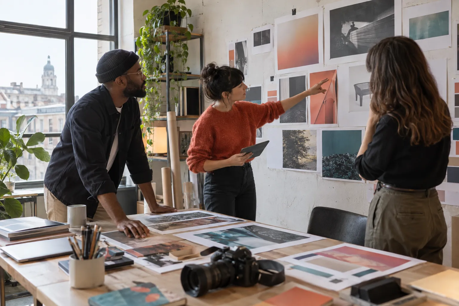 Une équipe créative prépare la communication visuelle d’un projet culturel