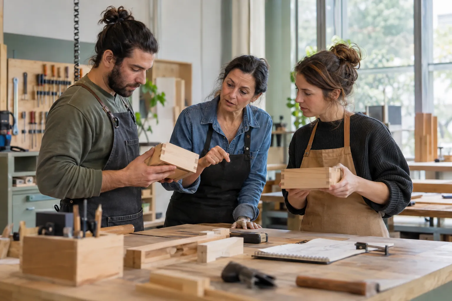 Une formatrice accompagne deux adultes dans un atelier professionnel