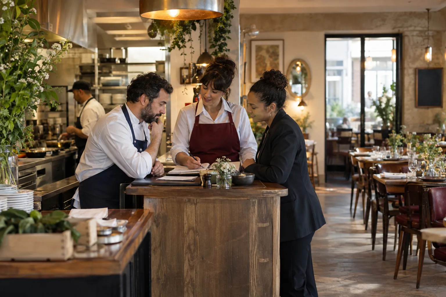 Équipe de restaurant préparant ensemble le prochain service