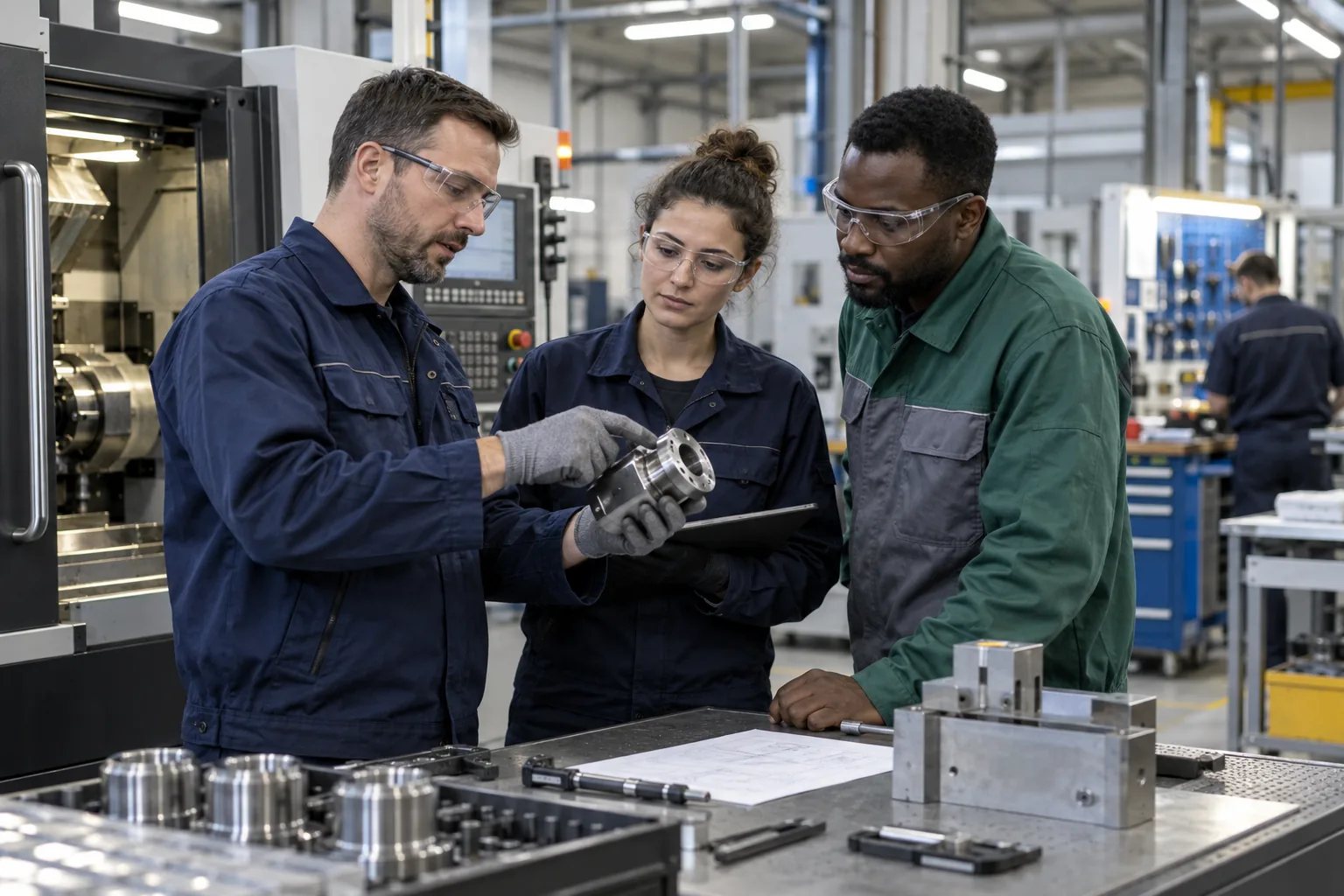 Équipe de production contrôlant une pièce dans un atelier industriel