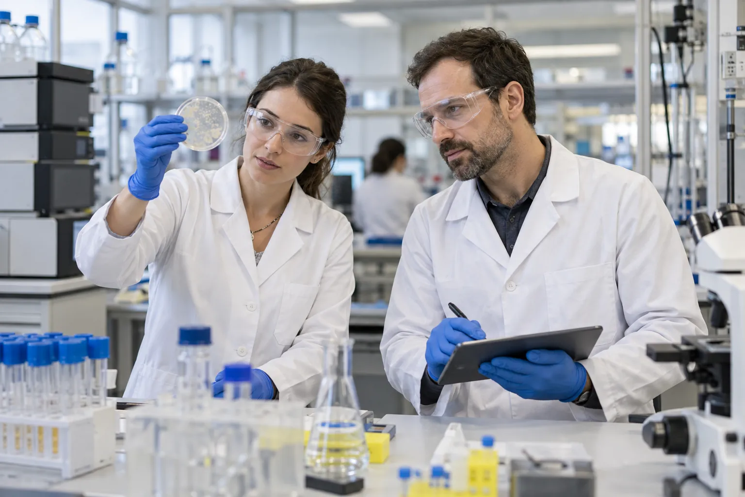 Deux scientifiques examinent un échantillon dans un laboratoire
