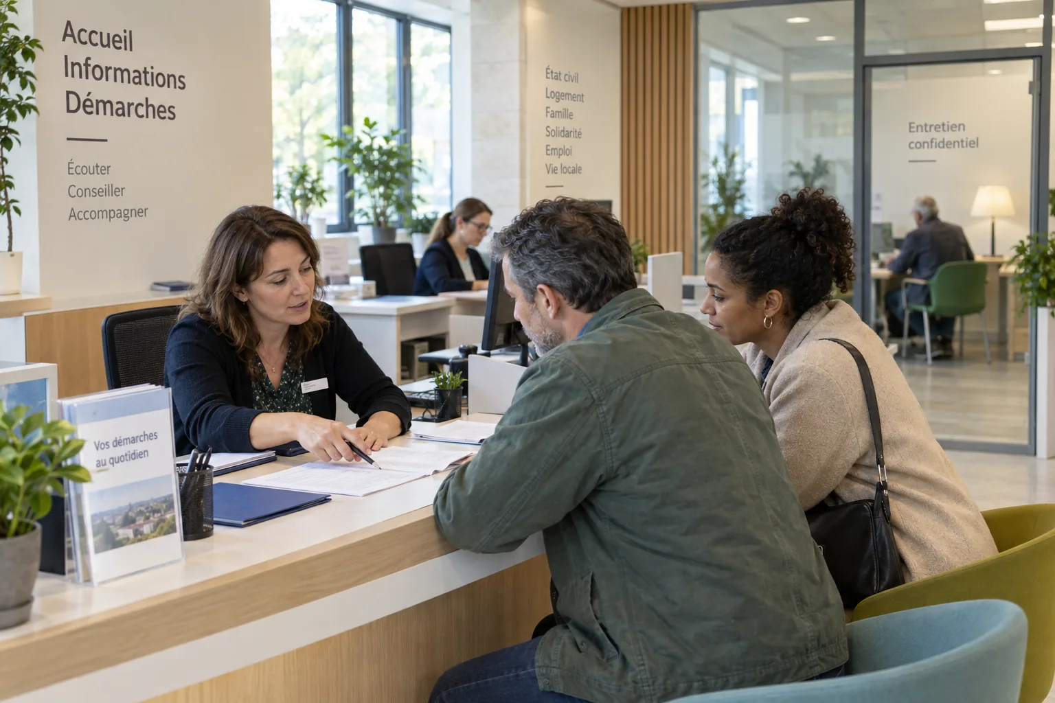 Agente de service public accompagnant des usagers dans leurs démarches