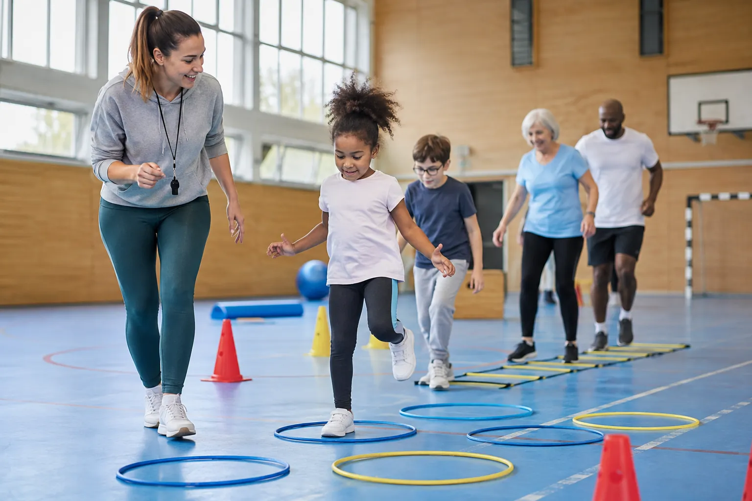 Une éducatrice sportive accompagne un groupe pendant une activité inclusive
