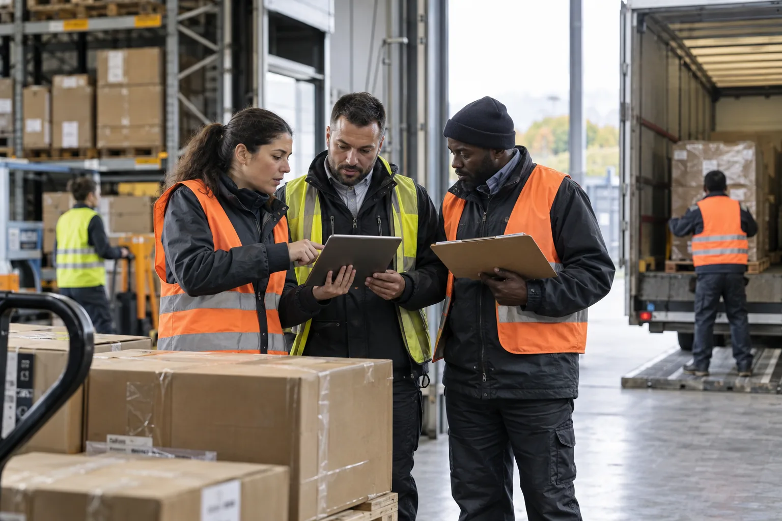 Équipe logistique coordonnant une expédition dans un entrepôt